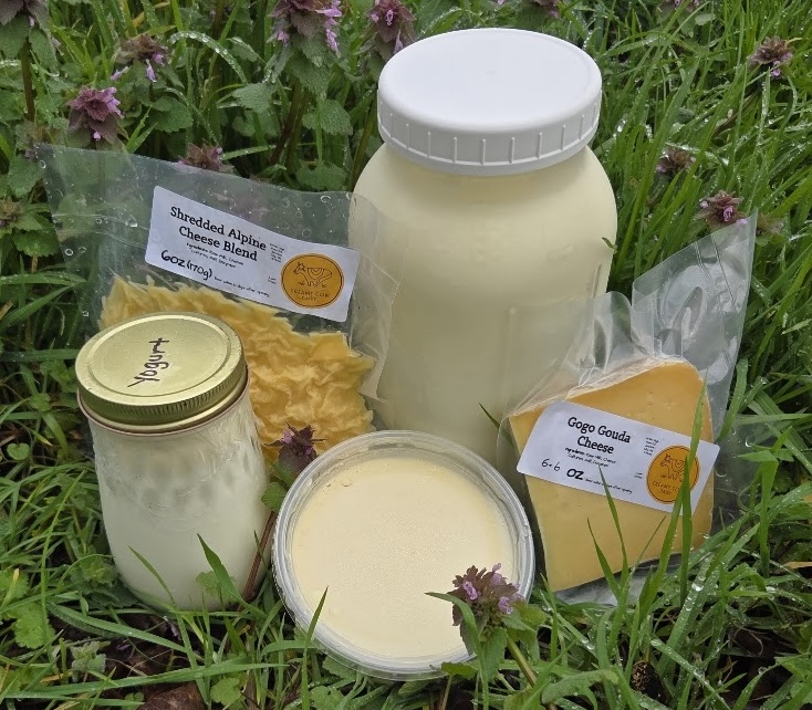Deck Family Farm dairy products arranged together on grass.